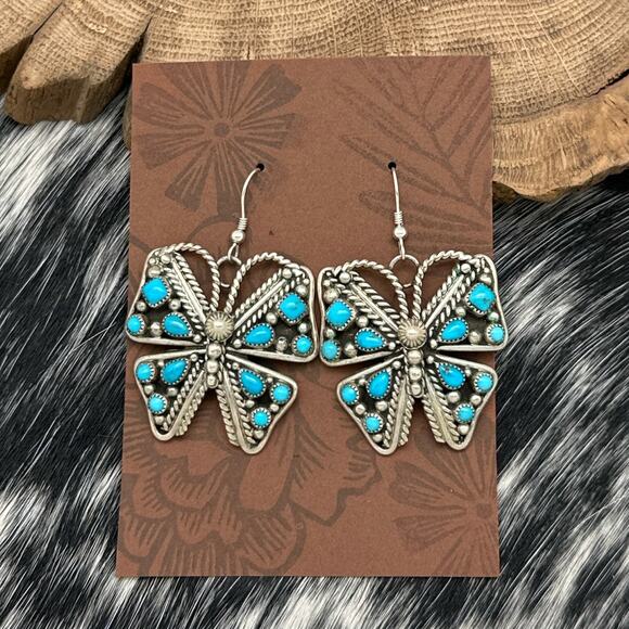 1990s TINA JONES Navajo Sterling & Sleeping Beauty Turquoise Butterfly Earrings - Picture 1 of 3